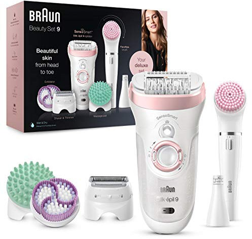 Braun Silk-épil 9 Beauty Set, Haarentfernung mit SensoSmart Epilierer, Gesichtsepilierer, Gesichtsreinigungsbürste, Damenrasierer & Trimmerkopf & Peeling, Nass & Dry, UK 2 Pin Plug, 9-995, Weiß/Rosa