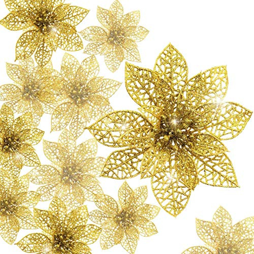 KAHEIGN 30 Pièces Poinsettia à Paillettes de Noël, 7,5/10 /15CM Ornement d'arbre de Noël Ornement de Décoration de Fleurs de Noëls pour Guirlande de Couronnes (Or)