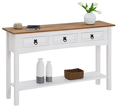 CARO-Möbel Konsolentisch Campo aus massiver Kiefer 3 Schubladen I Kleiner Beistell Schreibtisch im Landhaus Mexiko Stil I weiß lasiert gebeizte und gewachste Oberfläche