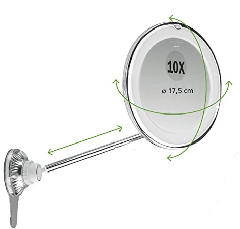 MACOM, Specchio Cosmetico con Asta Telescopica Brevettata, Doppio Snodo, Ingrandimento 10x, 18 Luci LED e Ventosa a Ghiera Orientabile a 360°, Salvaspazio, Sensation 229 New Perfect Mirror