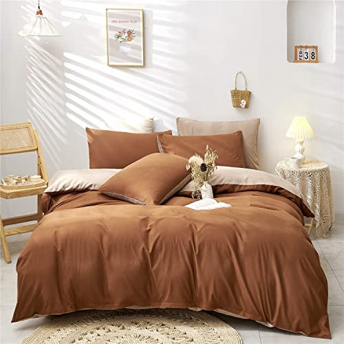 Boqingzhu Bettwäsche 155x220cm Karamell Braun Beige Uni Wendebettwäsche Set Microfaser Bettbezug und 2 Kissenbezüge 80x80cm mit Reißverschluss