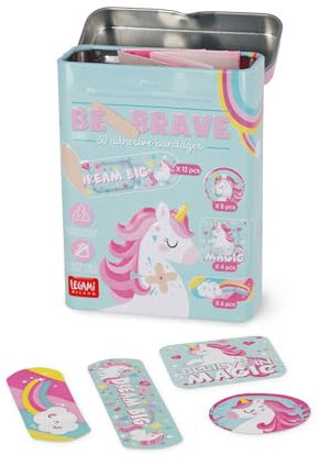 Legami - Cerotti Be Brave per Bambini, Cerottini Resistenti Ipoallergenici e Resistenti, Confezione da 30, Dimensioni Diverse per Curare ogni Ferita, Scatola Riutilizzabile Pratica, Tema Unicorno