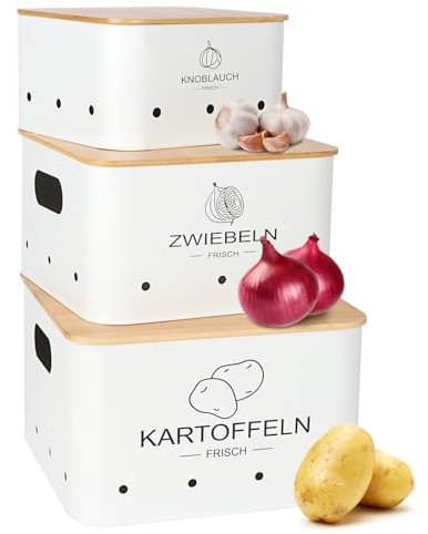 Avmvnvc Kartoffel Aufbewahrungsbox - 3er Set Kartoffel Aufbewahrung, Zwiebeltopf & Knoblauchtopf - Kartoffelbehälter Zwiebel Aufbewahrung - Hält Gemüse Länger Frisch (Weiß, Quadratisch)
