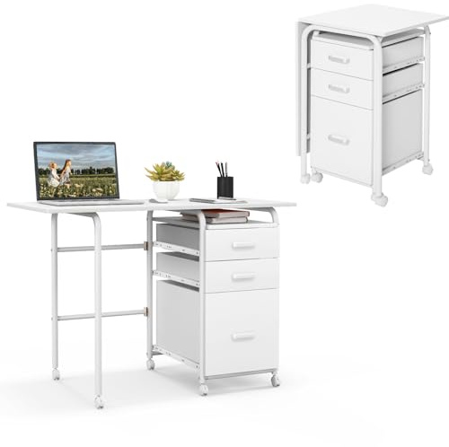 LIFEZEAL Bureau Pliant avec 3 Tiroirs & roulettes, Table d'Ordinateur Piliable Cadre en Métal, Poste de Travail avec Armoires à Dossiers pour Étude, Charge 100 kg (Blanc)