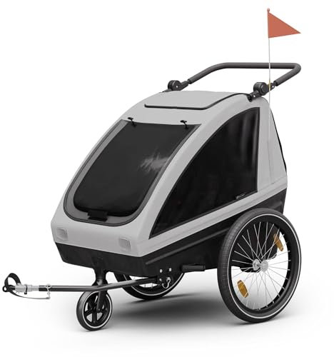 Klarfit GoKiddo Fahrradanhänger 2 Kinder - 2-in-1 Fahrradanhänger & Buggy mit Bremsen, Sicherheitsgurten, Verstellbaren Sitzen, 40kg Kapazität, Regen- & UV-Schutz, Zusammenklappbar, Hellgrau