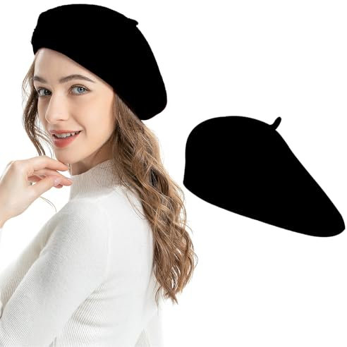Baskenmütze, Klassische Französischen Barett, Schiebermütze Damen, Barett, Baskenmütze aus Wolle, Wintermütze Barett, Klassisch Plain Französischer Stil Barett, Klassishe Künstler Barrett, Schwarz
