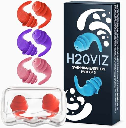 H20VIZ Pro Swim Ear Plugs | Waterproof, Reusable Silicone Earplugs for Swimming, Surfing, Snorkeling & All Water Sports (Coral, Pink, Purple, 3 Pairs)
