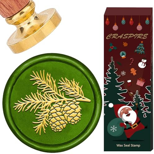 craspire Tampon de Cire à Cacheter en Forme de Pomme de Pin Tampon de Cire à Cacheter en Forme de Branches Tête de Tampon en Laiton Amovible Rétro de 25mm avec Manche en Bois pour Le Jour de Noël