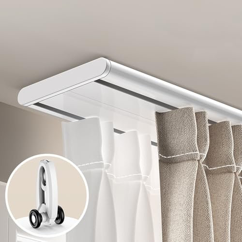 MZQMK Gardinenstange 3m, Vorhangschiene 2 Läufig, Vorhangschiene Deckenmontage, Mit Stummen Rollen, Für Schiebevorhänge, Gardinen Und Vorhänge(White,5.8m(19ft))