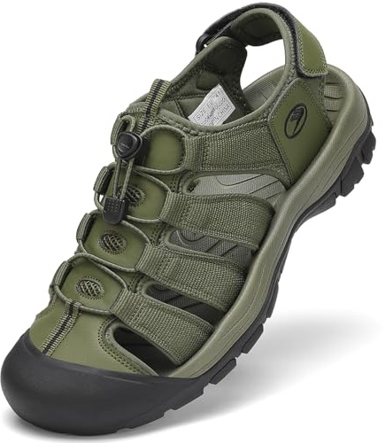 FLARUT Sandaler Sport Herr Sommar Utomhus Strand Vandring Läder Skor Kardborreband Vattentäta Skor Strand(Grön,42 EU)
