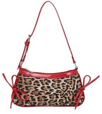 GORGLITTER Women's Leopard Print Bow Tie Shoulder Bags Adjustable Strap Y2k Vintage Handbags Red One Size