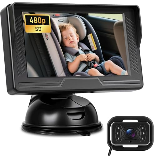 NHOPEEW 480P Cámara de Coche para bebés - Monitor de Coche de 4,3 Pulgadas con Cámara de Visión Nocturna, Ángulo Amplio Ajustable 360°, Instalación Fácil