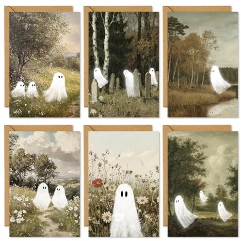 Whaline 36 Pack Halloween Cards Cute Ghost in Nature Greeting Cards with Envelopes Stickers Glue Stick Blank Note Card for Party Invitations, 4 x 6 Inch
