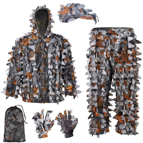 Zicac 3D Ghillie kostym, kamouflagedräkt, djungelkostym, kamouflage, skogsdräkt, dekoration, festsmycke för jakt, camping, utomhus, militär, jakt, dold (orange, grå, M)