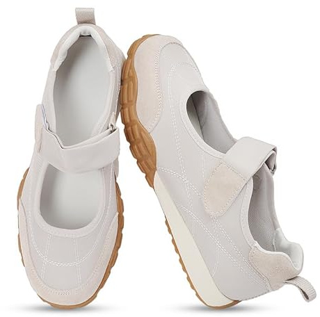 COOLLULU Mary Jane Shoes Sneakers for Women Fashion Ballet Sneakers Wide Toe Box with Non Slip Sneakerinas Retro Tennis Lightweight Flats Footwear for Daily Walking Causal Dressy,Off White,US8