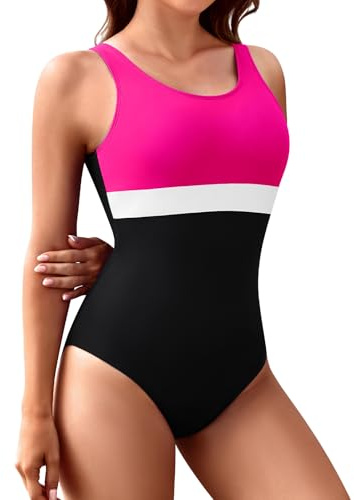 FemiChic Bañadores Mujer Natacion Deportivo con Copas Extraíbles Traje de Baño de Una Pieza de Alto Elastano Resistentes al Cloro Diseño U Espalda(Rosa Roja,XL)