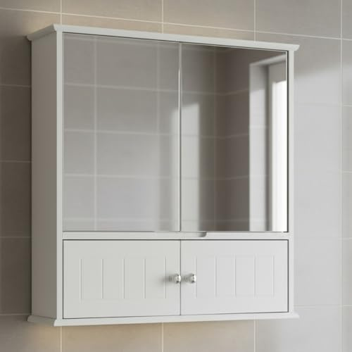 Dylex White Wall Mounted Bathroom Mirror Cabinet with Doors & Shelf Modern Storage Cupboard