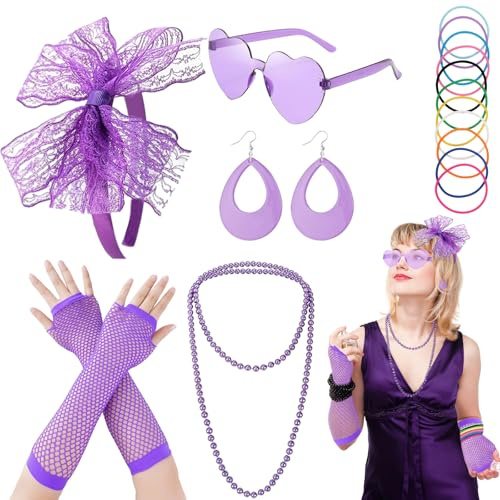Deguisement Annee 80 Femme Accessoire, Accessoires de Mode des Années 80, Néon Costumes de Fête pour Femme, Lunettes de Soleil, Bracelets, Bandeau, Boucle d'Oreille, Colliers, Gants Résille (Violet)