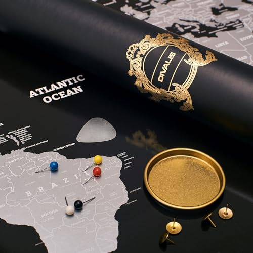 Extra Stor Världskarta Svart och Silver - Affisch Presentidé för Resenärer - XL Mappemondo att Skrapa - Tillbehörssats Ingår - Skrapa av Världskartan