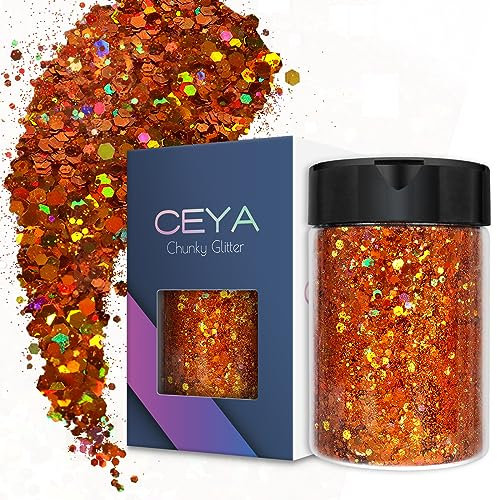 Ceya Holografischer grober Glitzer, 3.5oz/100 g, orangefarbener Bastelglitzer, gemischte grobe und feine Flocken, schillernde Nagel-Pailletten für Epoxidharz, Becher, Schleim, Festival-Dekoration