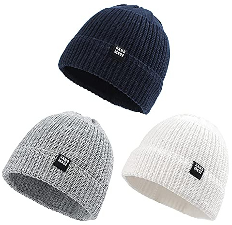 Pesaat - Gorro de Punto cálido de Invierno para bebés o niños, Gorro de Punto Acanalado, para niños y niñas de 0 a 5 años(Blanc+Gris Clair+Marin,0-6 Meses)