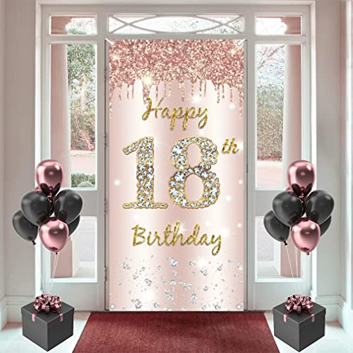 18cumpleaños niña decoración, puerta banner oro rosa cartel bienvenida