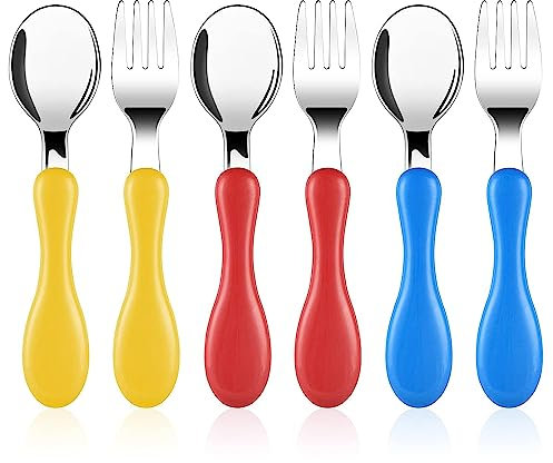 Vicloon Posate per Bambini, 6 Pezzi Posate Bambini in Acciaio Inossidabile Senza BPA, Set Posate Bambini con 3 Forchette, 3 Cucchiaio, per Bambini 12 Mesi in su, Rosso, Blu e Giallo