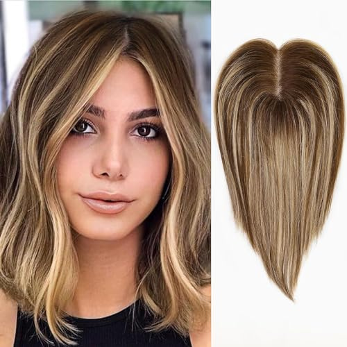 HAIRCUBE Remy Human Hair Toppers for Women, 100% 3.5in*4in Hand-Tied Hair Toppers with Swiss Lace Base 12in - P4/27/4