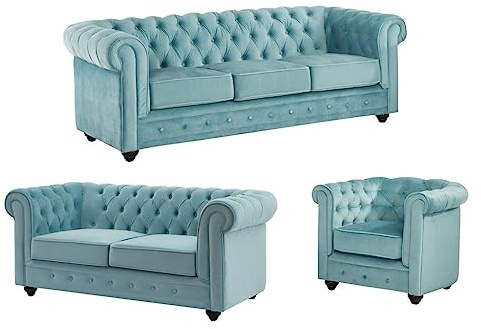 Vente-unique - Divano 3 posti+ Divano 2 posti + Poltrona Chesterfield - velluto - azzurro cielo