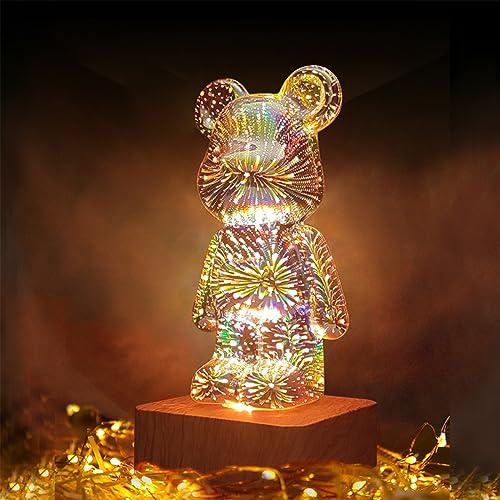 3D Firework Bear Light Projection Colorful Bear Decor Room Night Lights, Glass Three-Dimensional Table Lamp Variable 8 Color Light For Living Room Study Room Light Party Family Decoration Present