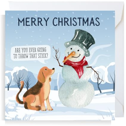 Second Ave Funny Snowman Dog Stick Square Christmas Xmas Holiday Festive Greetings Card