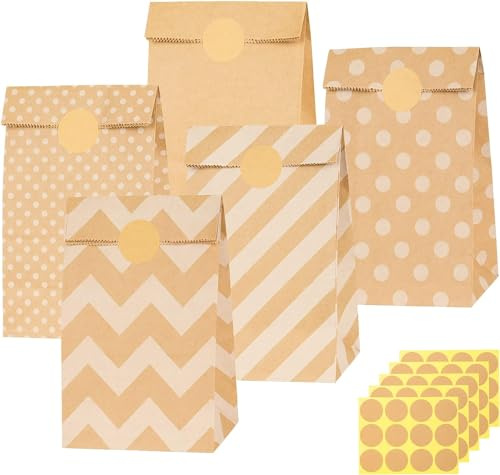 50 st. papperspåsar bruna, 13 x 24 x 8 cm, presentpåsar med 60 klistermärken, papperspåsar för förpackning av julklapper, giveaways, barnkalas