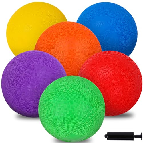 AMOR PRESENT 6PCS Playground Ball, 7 Inch Inflatable Kickball with Pump, Rainbow Rubber Dodgeball for Kids Indoor Outdoor Toy Sports Games, Birthday Party Family Activities, Stocking Stuffers