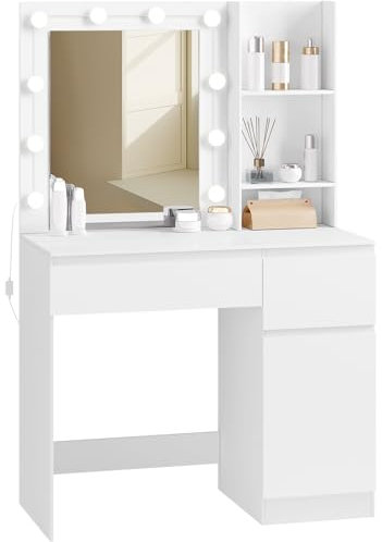 EUGAD Schminktisch mit Spiegel Beleuchtung, 3 Lichtmodi dimmbar, für Schlafzimmer Mädchen, Frisiertisch mit 2 Schubladen, 2 Ablagen, 1 Schrank, 90 cm Breite, Weiß, 0055SZT