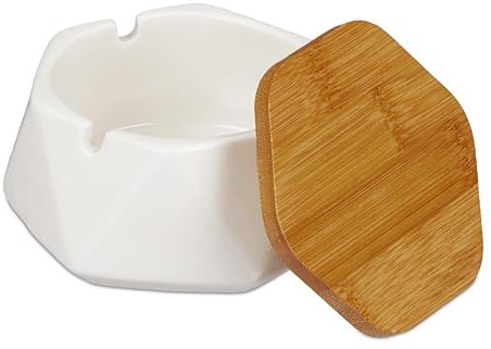 Relaxdays Aschenbecher mit Deckel, Keramik, draußen & drinnen, HxBxT: 6 x 10,5 x 10,5 cm, Windaschenbecher, weiß/Natur