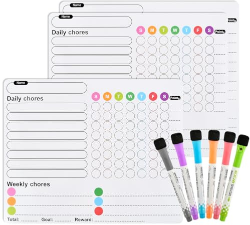 DODUOS 3PCS Magnetic Chores Chart for Kids with 6PCS Fine Tip Markers, Reusable Magnetic Reward Charts, Learning Responsibility Chart for Kids, Reward Chart Magnetic Chore Chart for Kids