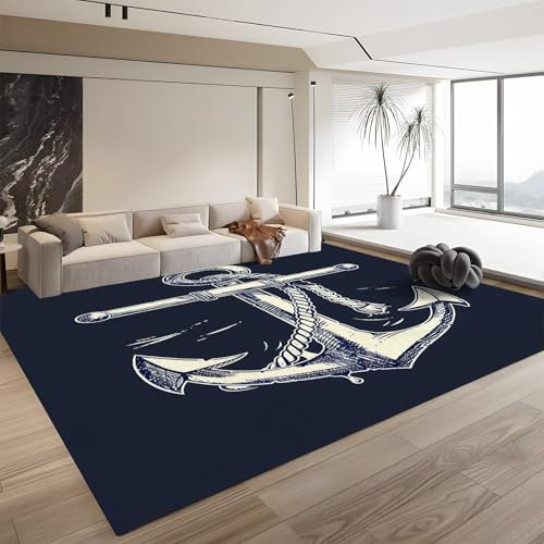 Waschbar Teppich 120 x 180cm Anker Teppich Wohnzimmer Kurzflor rutschfest Dunkelblau Läufer Wohnzimmer Schlafzimmer Balkon Auch für KüChe oder Lernzimmer Schalldämmung