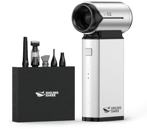 Smiling Shark Elektrische Staubgebläse Luftdruckspray, J02 Superkraft 150000U/Min aus Aluminum Mini-Gebläse mit 2 Modi (Normal&Sturm) und 8000mAh Akku für PC Reinigung/Tastatur/Haus/Auto, Silbrig