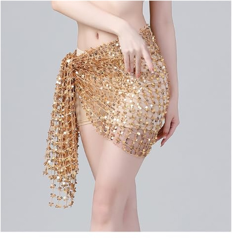 HWJFDC Bälte Magdans Sjal Magdans Sjal Damscarf Dansscarf Paljetter Höftscarf Sexig Kjol Wrap med Magdans Bälte(Golden)