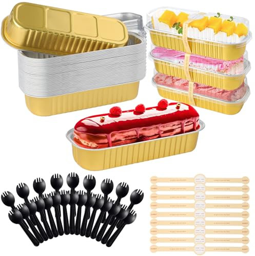 Jogoico 30 Piezas Mini Moldes para Pan con Tapas y Cucharas 200ML Aluminio Moldes para Hornear Rectangulares Reutilizables Tarta Fiesta Cumpleaños Cocina