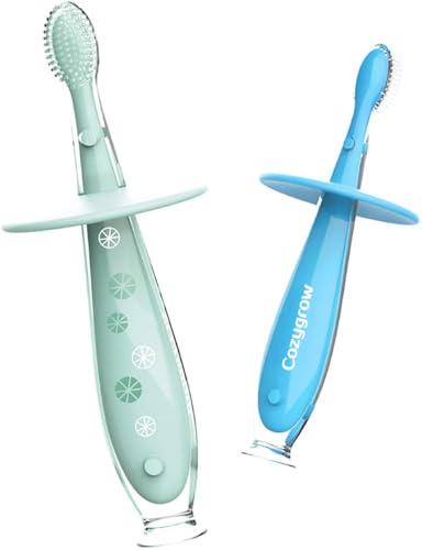 Baby Toothbrush with Suction Base - Gentle Cleaning for Toddler's Self-Brushing Training, Food-Grade Silicone, Extra Soft Bristles, BPA/Phthalate Free, Anti-Chocking/Anti-Fall Design - 2 Pack
