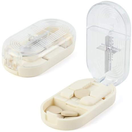 Dzmuero Taglia Pastiglie, Taglia Pillole di Precisione, Compatto e Portatile, 1 diviso in 2, 1 diviso in 4, Taglierino per Medicinali Multifunzionale, Scatola per Medicinali (Bianco)