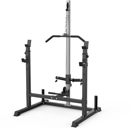 JX FITNESS Power Cage Rack with LAT Pulldown Pulley System, Adjustable Squat Rack, Strength Cage with J-Hooks for Home Gym