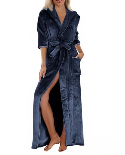 Peignoir long en polaire pour femme - Peignoir de douche à capuche avec poches - Peignoir à capuche en polaire chaude - Robe de chambre extra longue et moelleuse, bleu marine, L