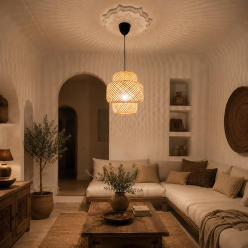 Alpinaluz Lámpara Colgante de Ratán y Mimbre Natural con Pantalla Ø28 cm X 36 cm, Soporte de Madera Natural, Estilo Boho Nórdico, Casquillo E27 para Salón y Comedor