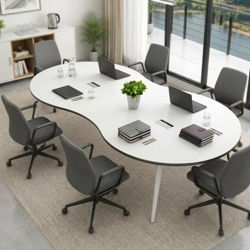 POPICK Tavolo ufficio riunioni con passacavi, tavolo da conferenza a forma di 8 con struttura in metallo e bordi arrotondati per ufficio, sala riunioni e formazione(Bianco-A,160 * 80 * 75cm)