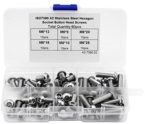 Akozon 60PCS M6 Vis Tete Bombée Boulon Poelier Inox de Tailles Différentes Tete Hexagonale de Coffrets boulons et écrous avec boîte en plastique