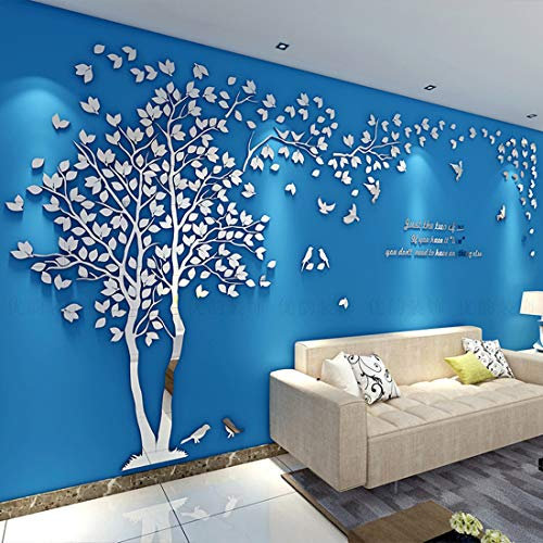 Albero Adesivo da Parete, Alberi e Uccelli 3D Adesivi Murali Arts Wall Sticker Decorativi per TV Par (S-200 * 100cm, Argento Sinistra)