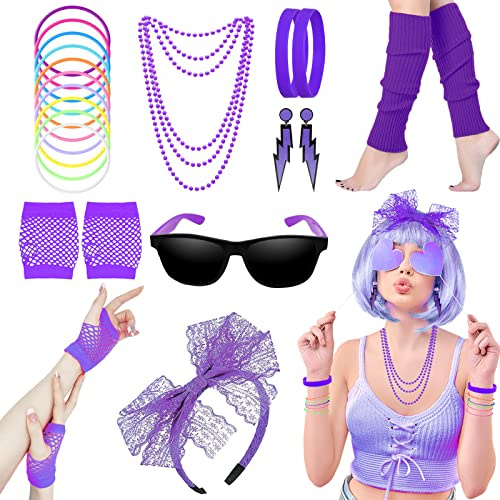 Accessoires de Mode des Années 80, Néon Costumes de Fête pour Femme, Lunettes de Soleil, Bracelet, Gants en Dentelle, Noeud Papillon, Collier à Jambes Chaudes, Boucles D'oreilles(Violet)