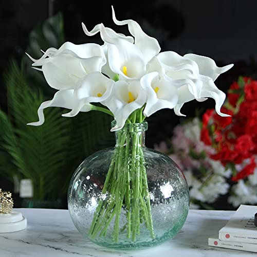 NatureMan Lot de 10 fleurs de lys calla artificielles en latex au toucher réaliste - 34 cm - Pour bouquet de mariage, centre de table, décoration d'intérieur, fête de mariage (noyau blanc/jaune)